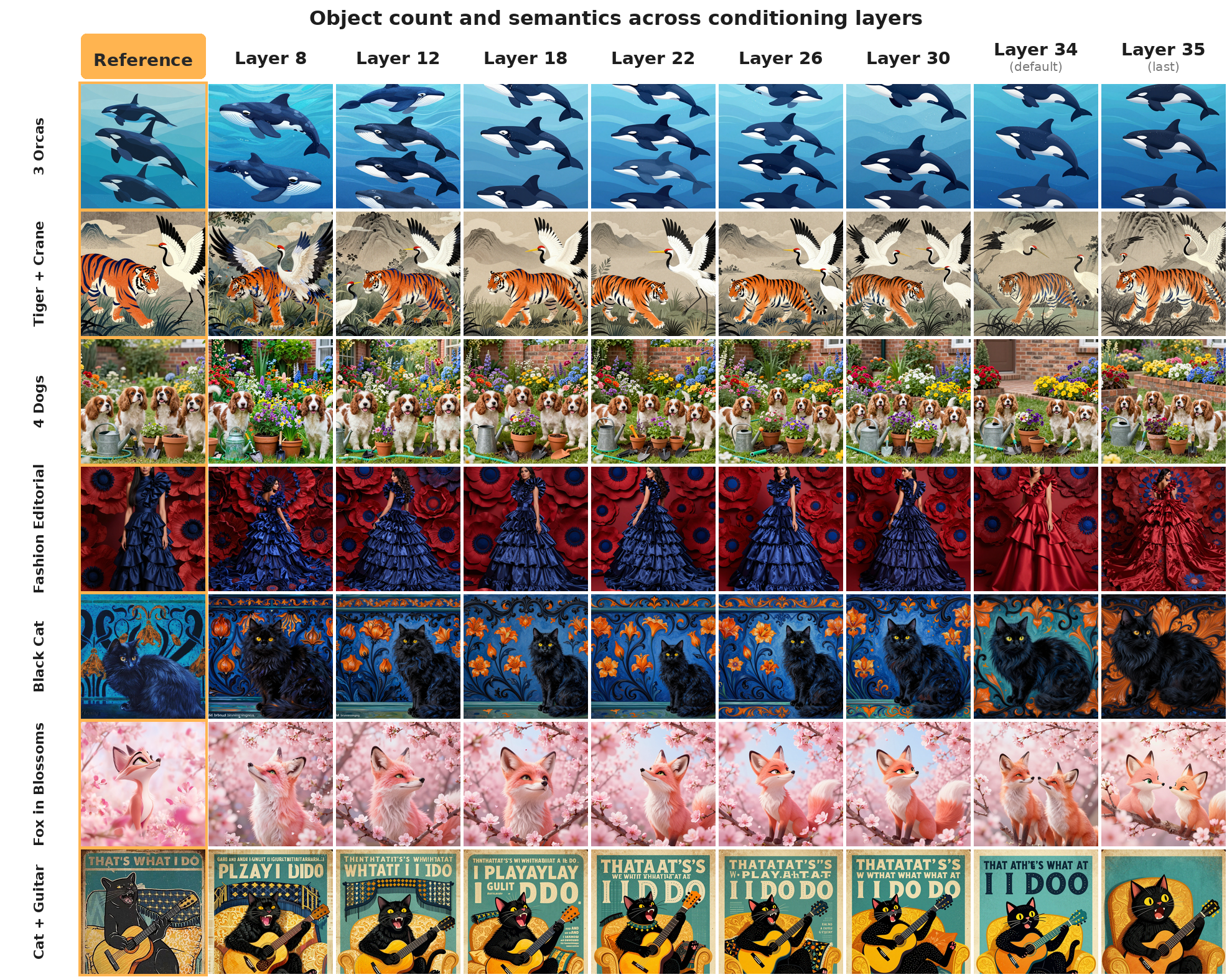 Grid showing object count and semantic preservation across conditioning layers, from layer 8 to layer 35